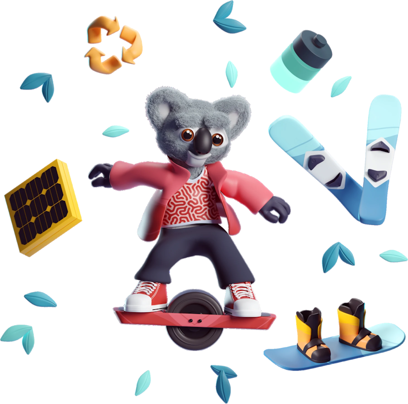 Illustration of Kody the Koala standing on a onewheel surrounded by green leaves, a battery, two skies, a snowboard, a solar panel, and a recycle logo.